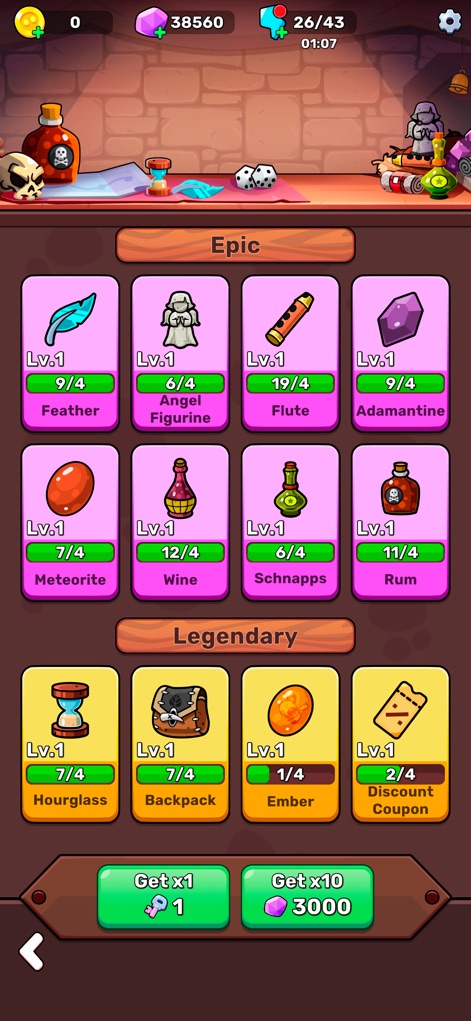 Claw Master – Roguelike Hero - Examine the vast array of 'Epic' and 'Legendary' items available for collection, providing strategic advantages and resource management options via the visible coin and gem counters.