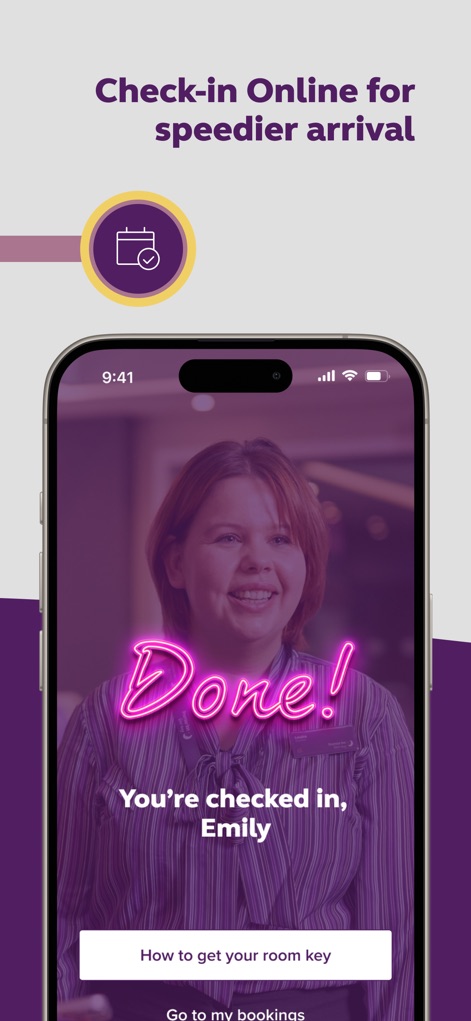 Premier Inn Hotels - The app facilitates a smooth arrival experience, confirming online check-in completion and providing direct instructions for room key retrieval.
