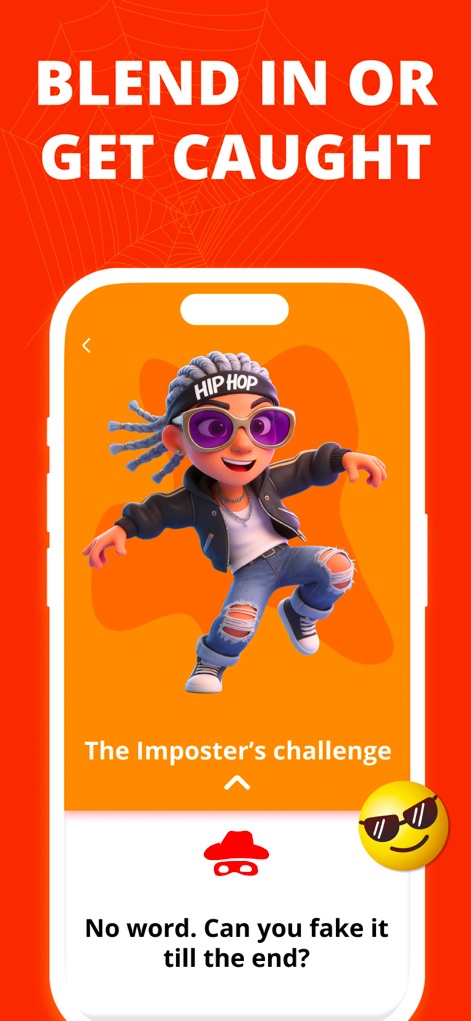Imposter Game: Spark PartyPass - This screen illustrates the core "BLEND IN OR GET CAUGHT" challenge and the Imposter's unique "No word" scenario.