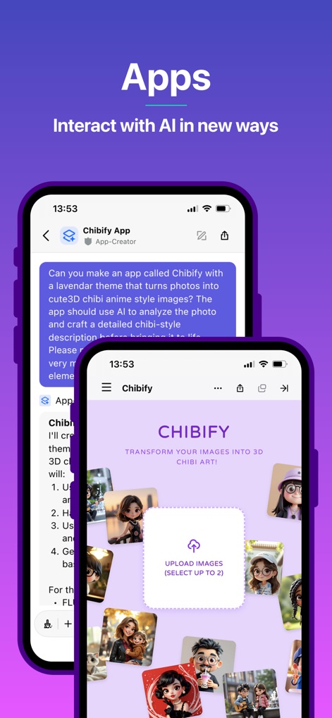 Poe – Fast AI Chat - The platform enables unique interactions through AI-powered 'Apps', exemplified by the 'App-Creator' bot and the visual interface of the 'Chibify App' for transforming images.