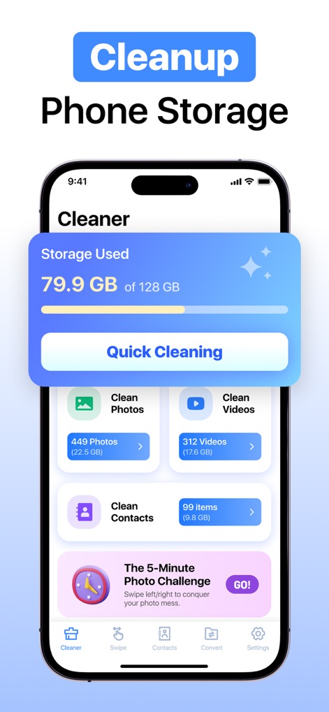 Cleaner: Phone Cleanup App - Cet outil intelligent affiche précisément l'espace de stockage utilisé sur l'appareil et permet de visualiser la répartition des fichiers nettoyables par catégorie, comme les 449 photos et 312 vidéos identifiées.