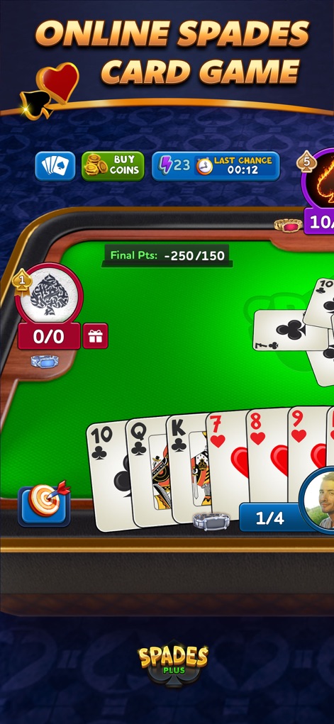 Spades Plus - Card Game - Observe the in-game 'Score Display' and the strategic 'Player Hand' with various suit cards during an online Spades match.