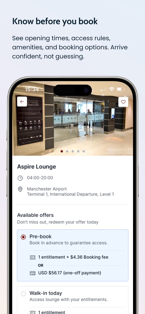 Dragonpass - The app presents comprehensive lounge information, including specific 'opening times' and flexible 'available offers' for seamless booking.