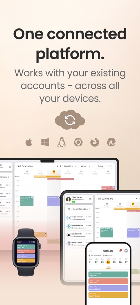24me: Calendar・Planner & To Do - Apple Watch、iPad、デスクトップなど、複数のデバイスタイプで一貫したアプリインターフェースが提供され、Apple、Windows、Linuxなどのロゴが示す通り、主要なプラットフォームに対応しています。