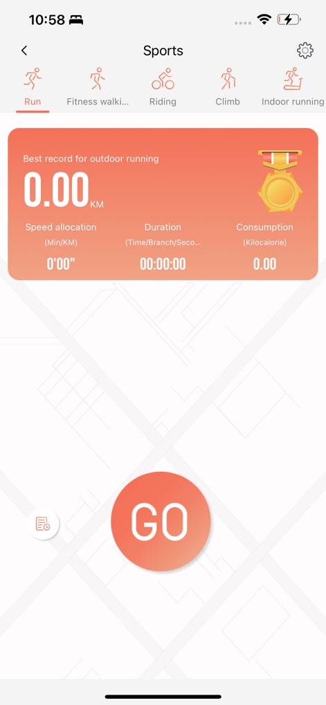 RDFit - Runde Intelligent - This tool enables users to initiate and monitor sports activities, showcasing the "Best record for outdoor running" and a clear "GO" button to start workouts.