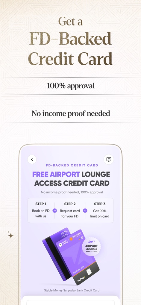 Stable Money: FDs, Bonds, Gold - Users can secure an FD-backed credit card without income proof, with a clear three-step process shown for booking an FD, requesting the card, and obtaining a 90% limit.