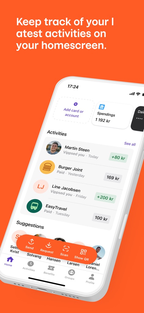 Vipps - The app's home screen provides a comprehensive activity feed, showcasing recent transactions like payments to "Burger Joint" and "EasyTravel," alongside convenient quick action buttons for "Send," "Request," and "Scan."