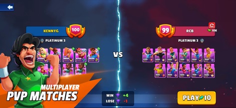 HITWICKET Cricket Game 2026 - Compete in thrilling global PvP matches, showcasing head-to-head team lineups with player avatars and clear 'WIN' or 'LOSE' indicators to track progress.