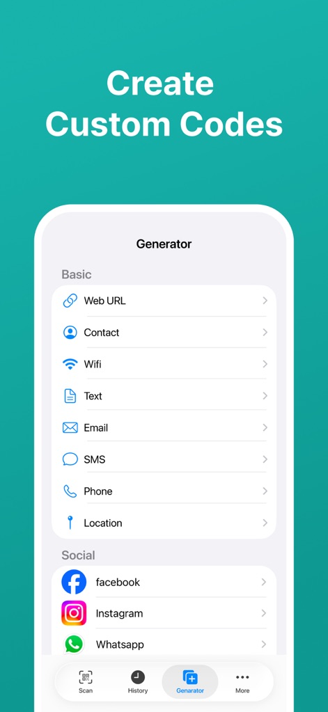 QR Code Scanner · Barcode - Los usuarios pueden generar códigos QR personalizados para diversas finalidades, como se ve en las opciones de 'Web URL' y 'Contact', así como para integrar fácilmente en 'Social' media platforms.