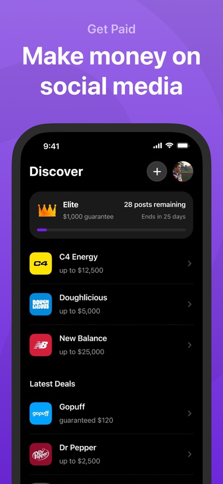 Launchpoint: Make Money App Store screenshot 1, headline “Make money on social media”. Purple.