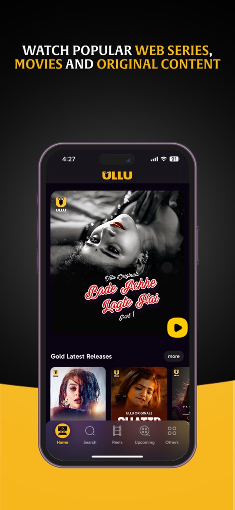 ULLU - The platform spotlights popular web series such as "Bade Achhe Lagte Hai" at the top of the homepage, complemented by an engaging carousel of "Gold Latest Releases" for continuous discovery.