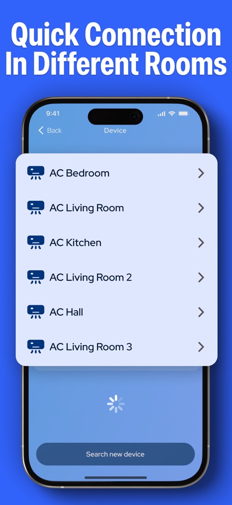 Air Conditioner・AC Remote App - L'application permet une gestion centralisée de plusieurs unités, comme le démontre la liste des appareils spécifiques aux pièces ('AC Bedroom' et 'AC Living Room'), offrant un contrôle sans effort.
