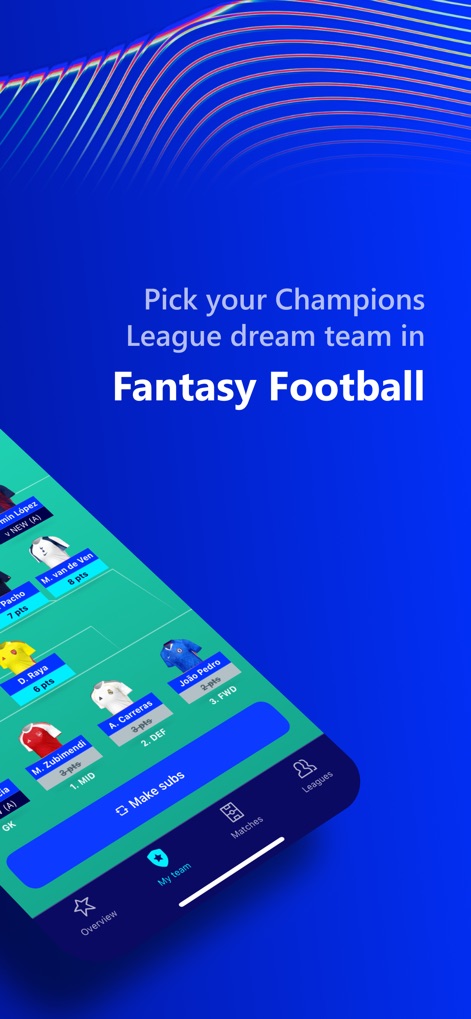 UEFA Gaming: Fantasy Football - Users can effortlessly manage their Fantasy Football team, viewing individual player cards with points and positions, and utilize the 'Make subs' function for real-time tactical changes.
