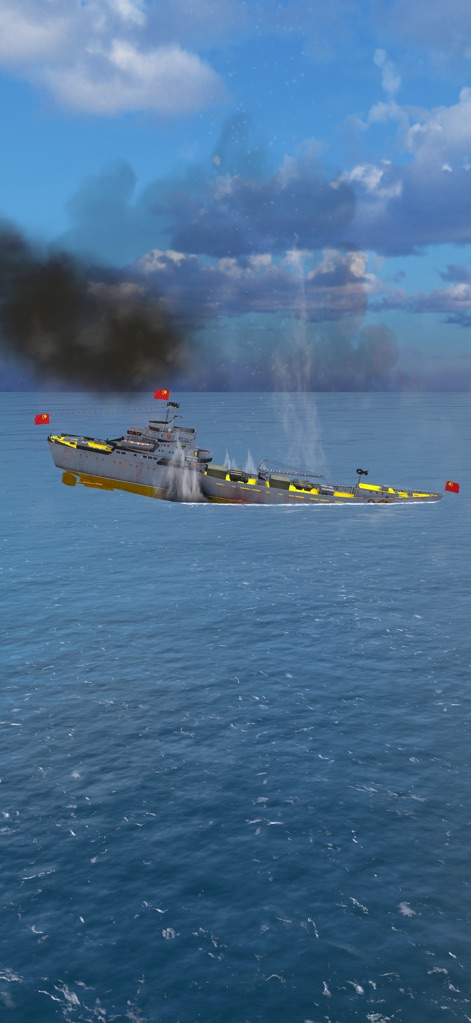 Uboat: Sea War - Witness a large enemy ship dramatically breaking apart and sinking amidst plumes of smoke and debris, showcasing the game's realistic damage modeling and immersive visual effects.