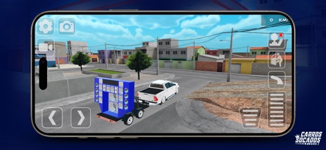 Carros Socados Brasil - Os jogadores podem rebocar carretinhas com paredão de som em movimento, como visto nesta pickup arrastando o sistema de áudio pela paisagem detalhada do jogo.