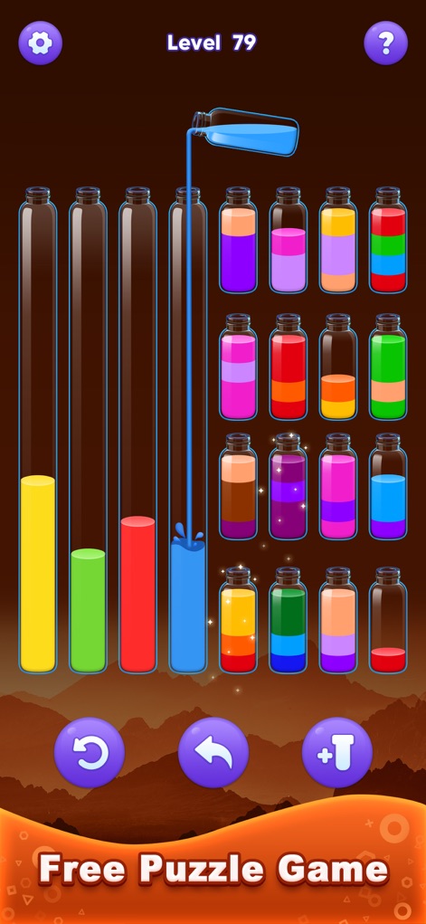Water Sort Master! - Witness the dynamic process of water pouring into tall bottles, alongside the clear "Free Puzzle Game" invitation, demonstrating accessible and expanding gameplay.