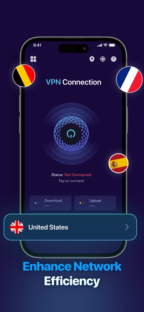 Secure VPN: Private & Fast - La aplicación facilita la elección de un servidor, destacando una opción como "United States" y utilizando banderas flotantes de diferentes países para una navegación visual rápida y eficiente.
