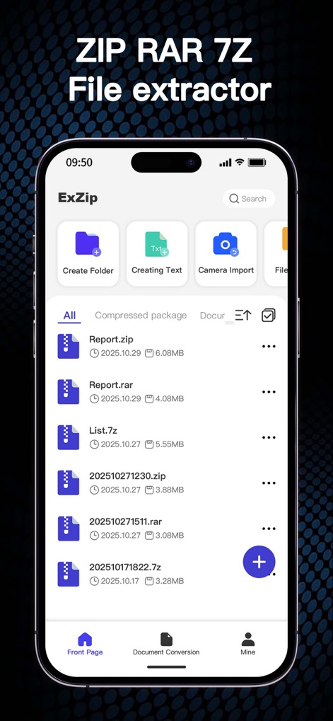 Zip, RAR, 7z File Extractor - See how the app neatly organizes various compressed files like '.zip' and '.rar', alongside intuitive navigation tabs for efficient management.