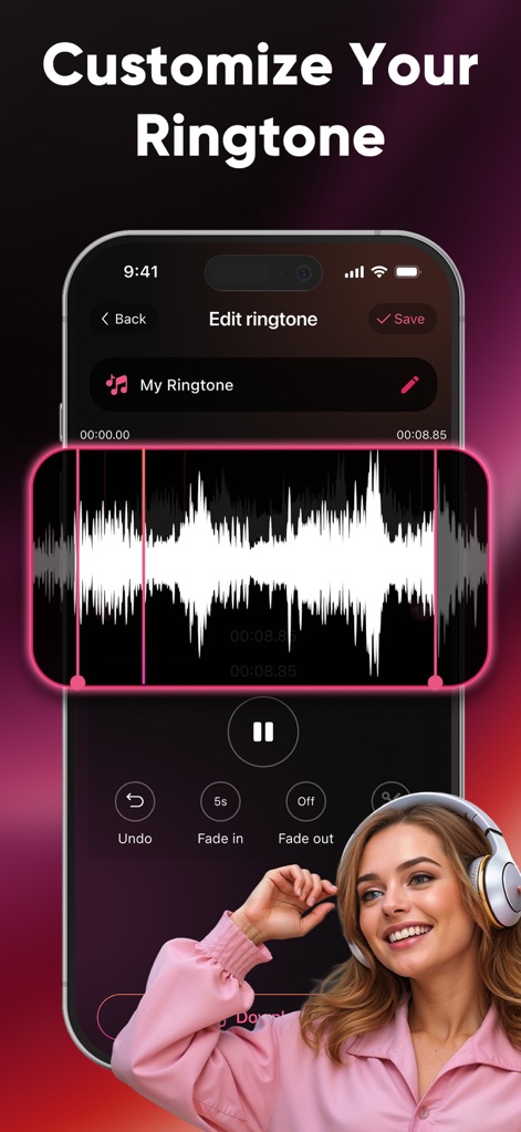 Ringtones Maker & Wallpapers - Los usuarios pueden afinar sus tonos con un editor de ondas sonoras que incluye controles como 'Fade in' y 'Fade out' para un audio perfecto.