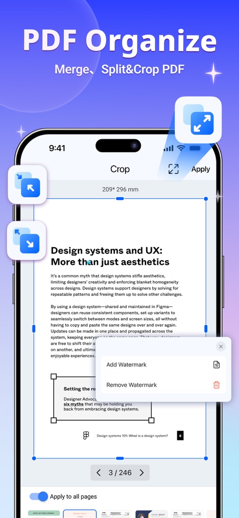 PDFelement: PDF Editor, Viewer - 本アプリは、PDFのページを「クロップ」して不要な部分を削除する機能や、「透かし」を追加・削除することで文書をカスタマイズできる高度な整理機能を視覚的に示しています。