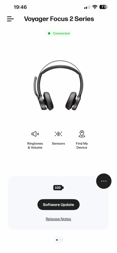 HP Poly Studio Mobile - La aplicación muestra la gestión de un dispositivo de diadema, con una clara imagen del dispositivo y ofrece iconos de acceso rápido a funciones clave como el volumen y la localización.