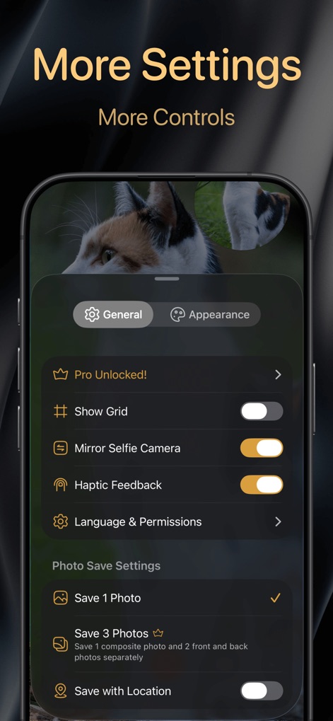 2Camera DualShot Recorder Cam - Los usuarios acceden a configuraciones detalladas, como la opción de mostrar la cuadrícula para composición y la selección de guardar una o tres fotos simultáneamente, ofreciendo mayor control.