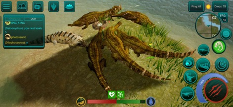 The Cursed Dinosaur Isle Games - This screenshot reveals the intuitive user interface, displaying global chat functionalities and essential player statistics like Ping and Dinos remaining.