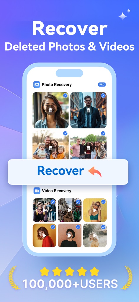 Photo Recovery: phone cleanup - See how the app presents clear categories for photo and video recovery and features an intuitive 'Recover' button for quick restoration.