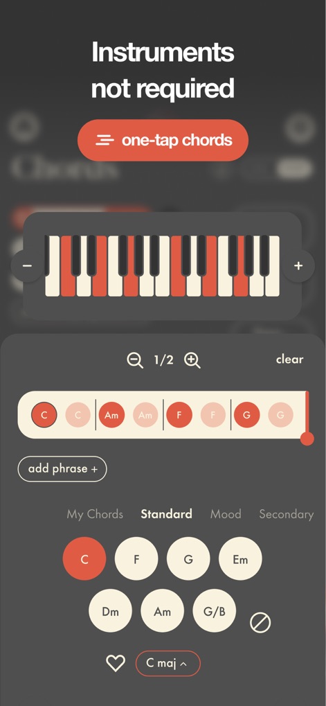 Demo: Songwriting Studio - Discover the intuitive chord builder, allowing users to effortlessly create harmonies with an interactive piano keyboard and one-tap chord selection.