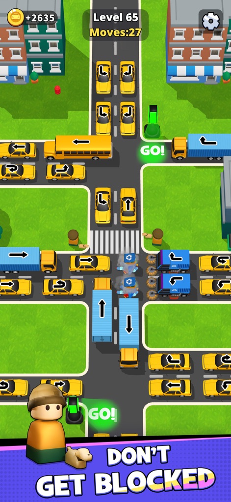 Traffic Frenzy : Jam Escape - This scene illustrates dynamic gameplay with a variety of vehicles including a school bus and 'GO!' indicators, emphasizing the critical task of avoiding blockages.