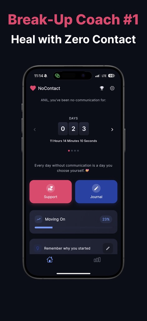 NoContact: Breakup Tracker - Observe how the app's central dashboard clearly presents the no-contact day counter and features accessible "Support" and "Journal" buttons.