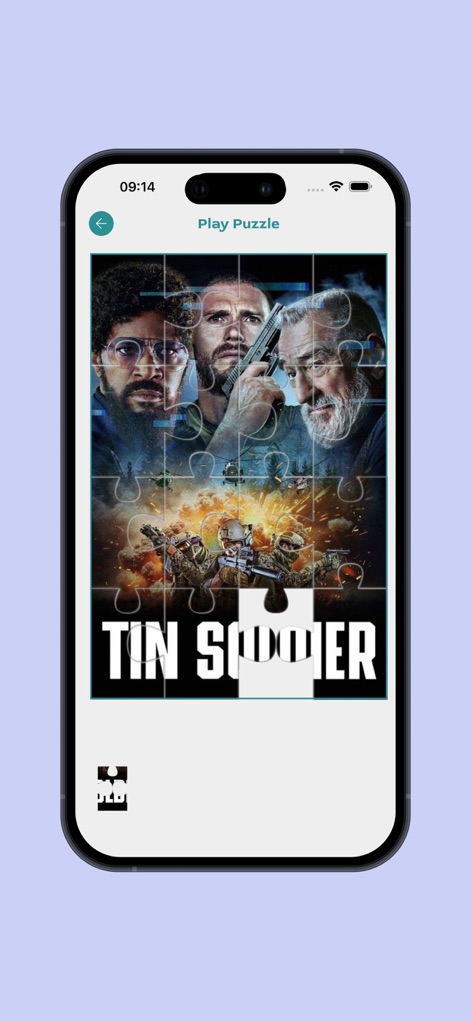 Comp Study - Cine Mood - Esta sección ofrece un rompecabezas temático con pósters de películas, como el visible de 'Tin Soldier', invitando a los usuarios a completar la imagen a través de sus piezas interactivas.