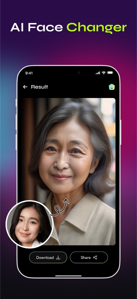 AIPhoto: Image Video Generator - Contemple a magia do modificador de idade por IA, mostrando o rosto de uma mulher envelhecida artificialmente e a imagem original em miniatura para comparação.