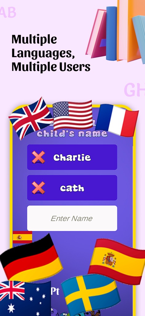 Spelling Bee & Homework Tests - Supportando più utenti (X) e diverse bandiere nazionali che rappresentano le lingue (Y), l'app è ideale per famiglie multilingue o per chi desidera introdurre i bambini a nuove lingue.