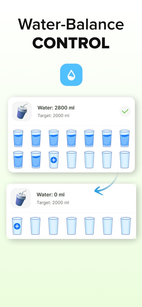 ‎Calorie Counter: Food Tracker - Esta función permite un control meticuloso de la hidratación, presentando visualmente la cantidad de agua consumida (2800 ml) y el objetivo diario de (2000 ml) a través de una representación gráfica de vasos.