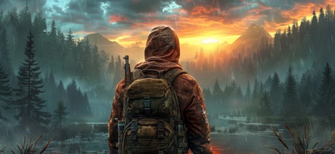 Dead God Land: Survival games - L'application dévoile l'implacable beauté de son monde, où un ciel orageux côtoie un coucher de soleil vibrant et des effets de pluie réalistes rehaussent l'immersion, offrant un aperçu des défis environnementaux que les joueurs devront surmonter.
