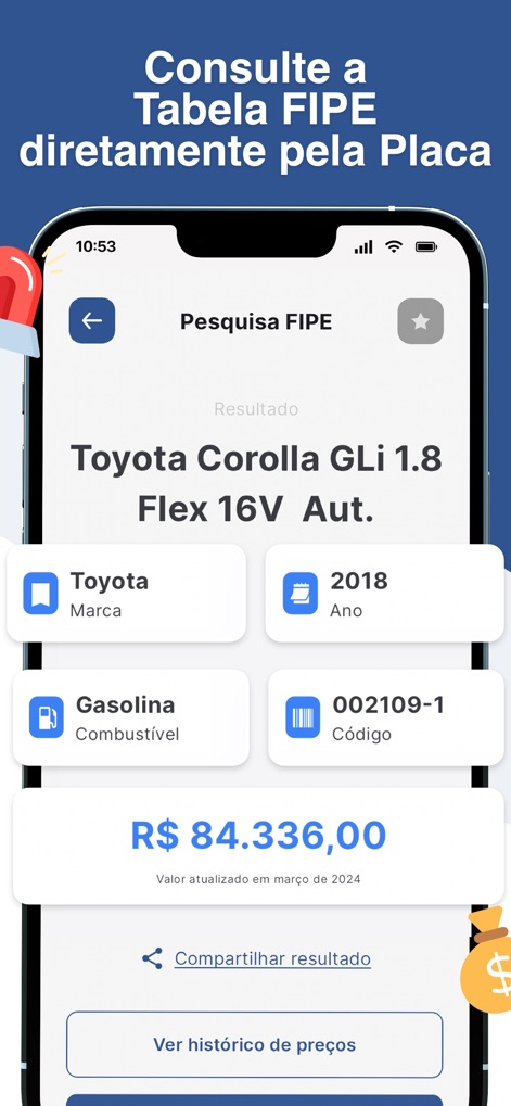 Consultar placa carro: Multa - The app provides transparent FIPE pricing, showcasing the current market value (R$ 84.336,00) alongside essential vehicle specifications like make and year for easy comparison.