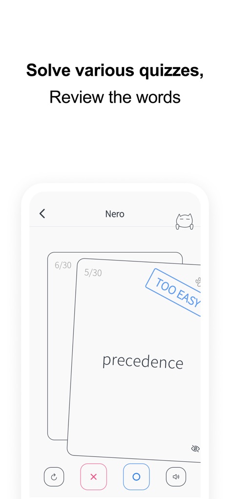 VoCat - My Own Vocabulary - Nutzer können ihr Wissen mit verschiedenen Quizformaten wie den abgebildeten Swipe Cards testen, wobei falsch beantwortete Wörter zur gezielten Wiederholung markiert werden können.