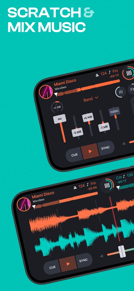 Cross DJ - Music Mixer App - Cette application permet des performances de scratch et de mixage précises, comme en témoignent les réglages d'égalisation intuitifs et les formes d'onde détaillées. Les utilisateurs peuvent manipuler le son avec une grande finesse.
