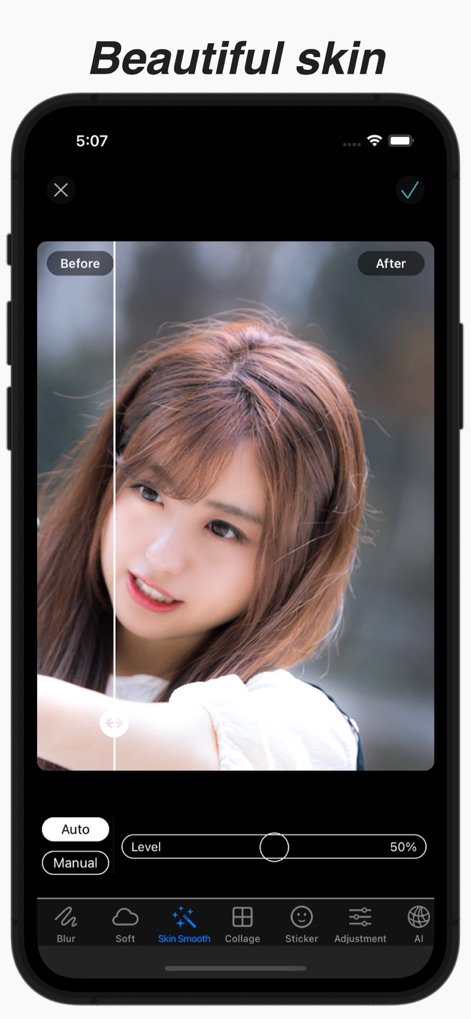 Blur Photo & Mosaic - Achieve radiant skin with the app's advanced smoothing features, offering both automatic and manual level adjustments for perfect results.