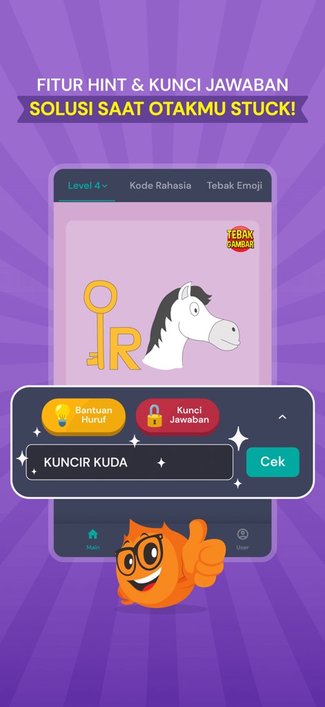 Tebak Gambar - Leverage intelligent support features such as the "Bantuan Huruf" (Letter Hint) button and the "Kunci Jawaban" (Answer Key) functionality when encountering challenging puzzles.