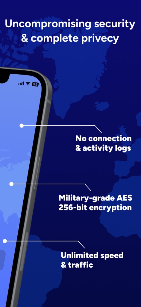 VPN Proxy Master - VeePN - The app's commitment to user privacy is showcased through its 'No connection & activity logs' policy and the robust 'Military-grade AES 256-bit encryption' for data protection.