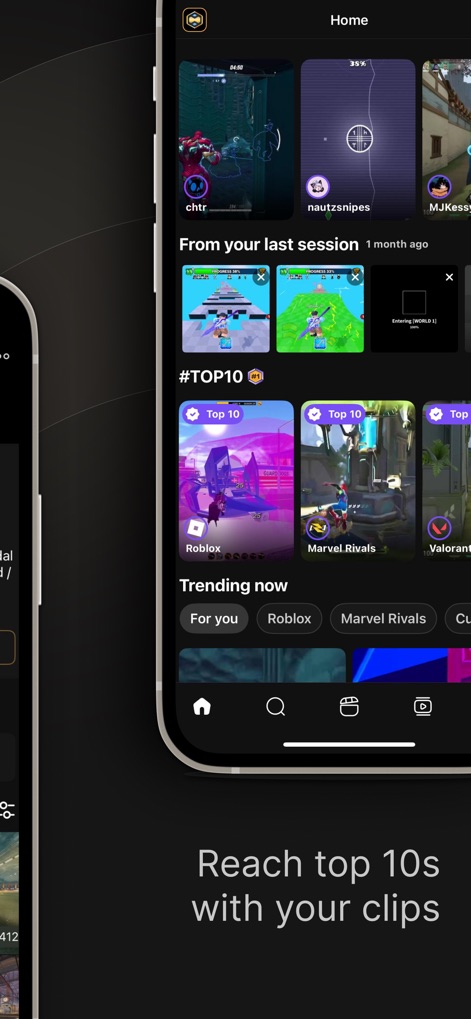 Medal - Game Clipping - Users can explore trending gameplay clips in the #TOP10 section and browse personalized feeds based on categories like 'For you' and specific game titles.