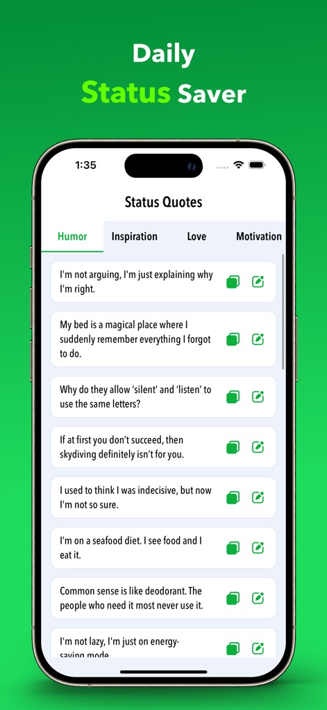Status Saver - Download Status - Dive into the 'Status Quotes' section, offering a rich collection of categorized quotes under tabs like 'Humor' and 'Inspiration' to spark creative expression.