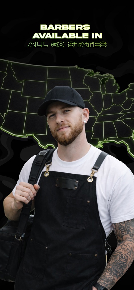 theCut: Barbershop Booking - The app showcases its expansive reach with an illustrative 'US map outline' and a welcoming 'barber' ensuring professional service availability nationwide.