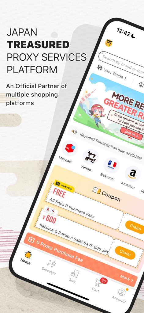 Doorzo – Buy & Bid from Japan - This tool demonstrates its extensive reach through official partnerships with major platforms like Mercari and Yahoo, further enticing users with offers like the '0 Proxy Purchase Fee' banner.