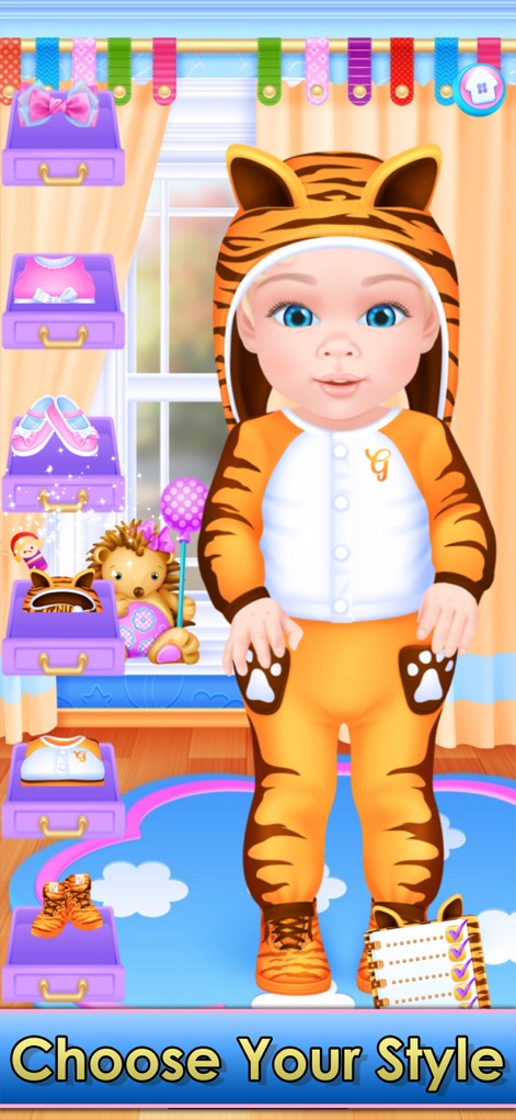 Baby & Family Simulator Games - The app allows users to dress the baby in various outfits, showcasing a tiger costume and options for shoes and accessories.
