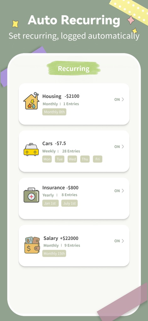 SmileBudget - Esta tela demonstra a configuração de transações automáticas, exibindo itens como "Housing" e "Salary" com seus respectivos valores, frequências e datas de ocorrência.