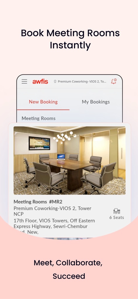 Awfis Coworking - Nutzer können Meetingräume über die 'New Booking' Sektion reservieren und sehen detaillierte Ansichten des Raumes inklusive der großen Konferenztisch-Anordnung mit sechs Sitzplätzen.