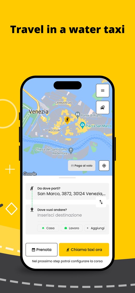 appTaxi - Book and Pay Taxis - This unique feature allows users to book water taxis in specific locations like Venice, complete with detailed map views and destination input.